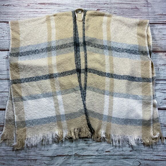 Ann Taylor Loft Womens Sweater sz L Multi Plaid Soft Knit Poncho Wrap Open Front - Picture 2 of 6